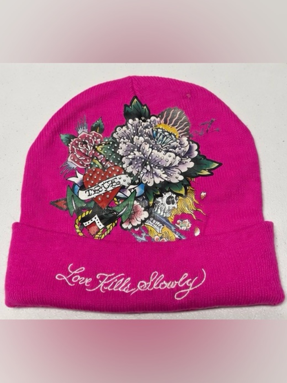 Ed Hardy Love Kills Slowly Beanie Hat
Y2K Tattoo Graphic | One Size | Pink NWOT